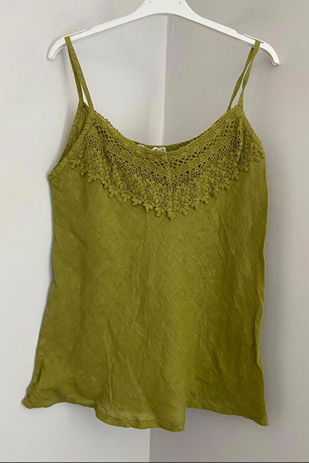 Women's Italian Oil Green Lace Detailed Collar Plain Pattern Sleeveless Strap Zero Sleeve Linen Blouse