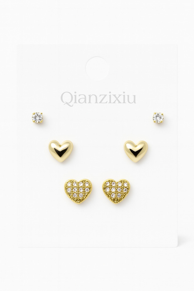 925S Silver Needle Heart Design Zircon Stone 3-Piece Earring Set