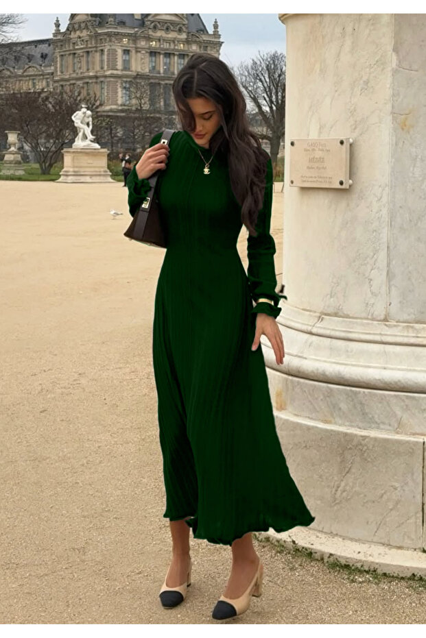 Fitilli Şık Triko Elbise - Zümrüt - 5