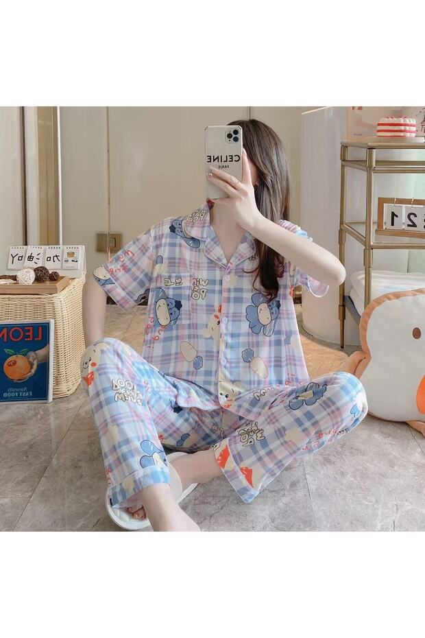 Ladies Pajamas Set Plaid Print Short-Sleeved Trousers with Lapel Elastic Waist Closure Summer Home W