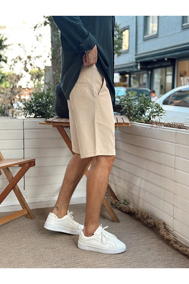 Basic Düğmeli Keten Şort Krem - 3