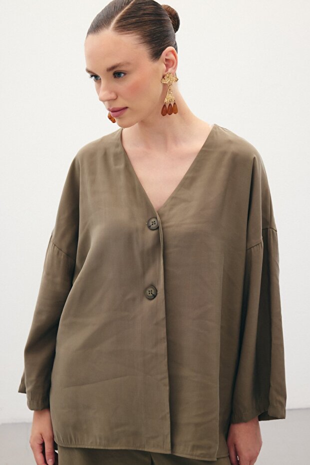 Düğmeli Kimono - Haki - 4