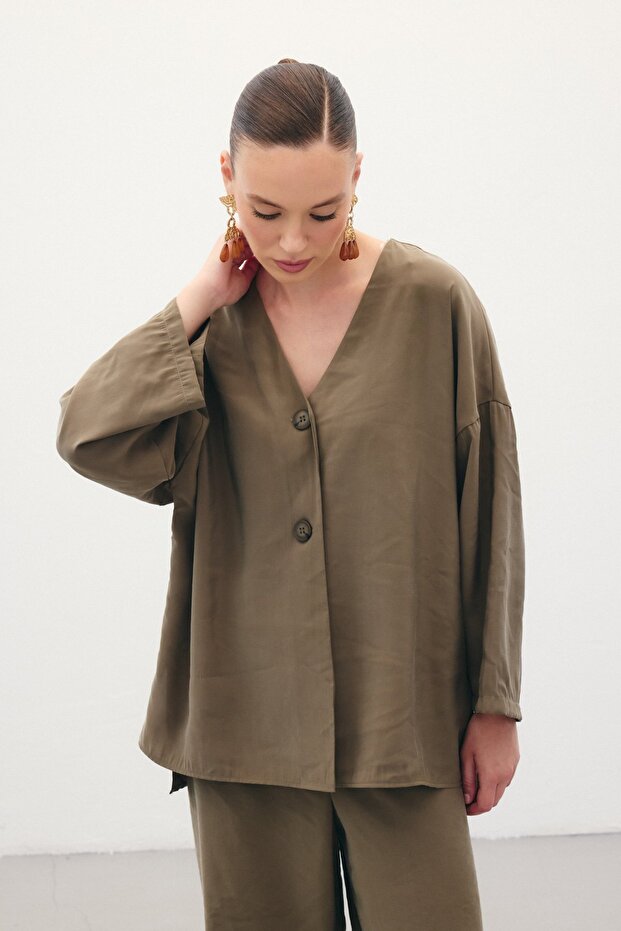 Düğmeli Kimono - Haki - 3