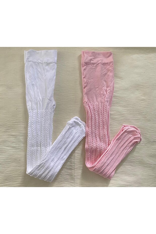 2-Piece Girls Patterned Pantyhose (80 Den Medium Thick Seasonal Pantyhose) White & Pink