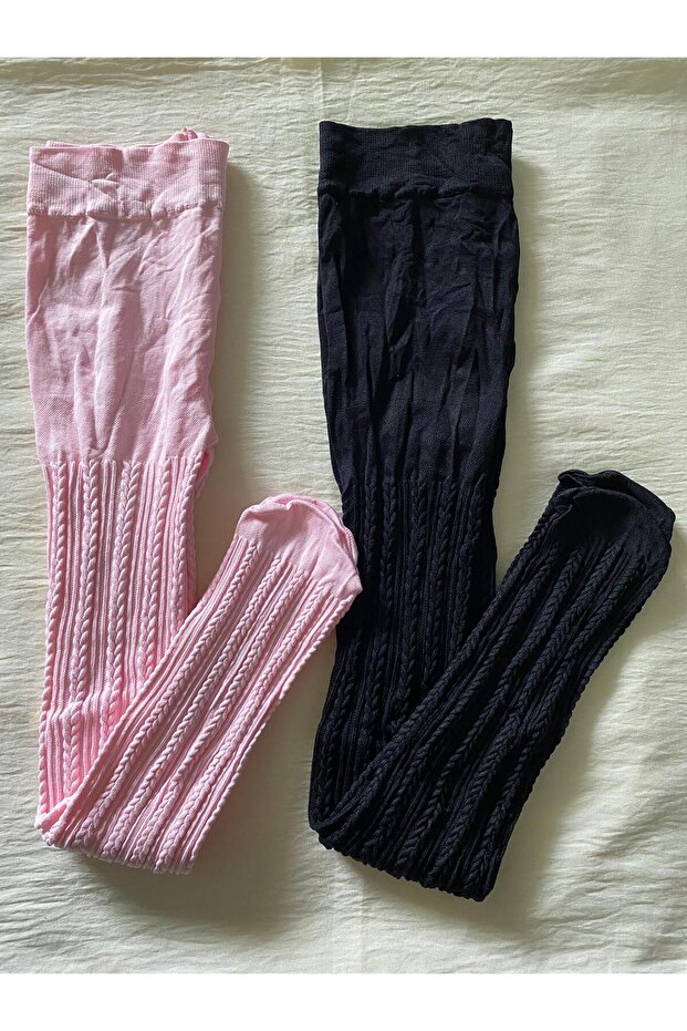 2-Piece Girls Patterned Pantyhose (80 Den Medium Thick Seasonal Pantyhose) Pink & Black