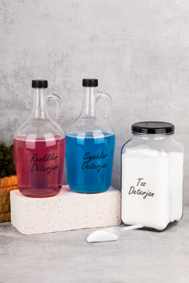 Set of 3 Detergent Dispensers Colors Blacks Powder Detergent 3000 ml Glass Jar with Scale 1500ml Gallon Bottle