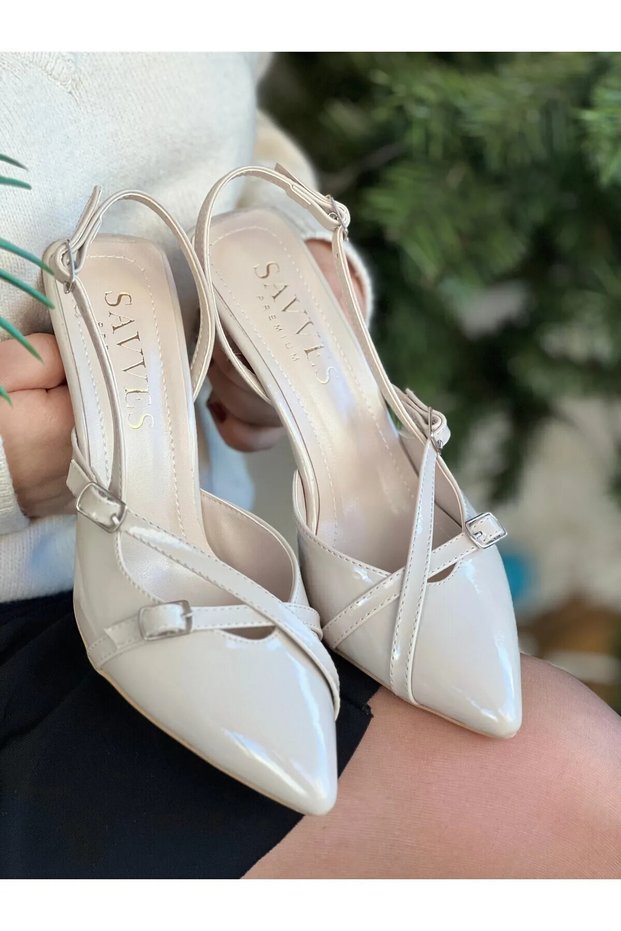 Women's Beige Patent Leather Model Double Banded Buckle Detailed Open Classic Heeled Shoes