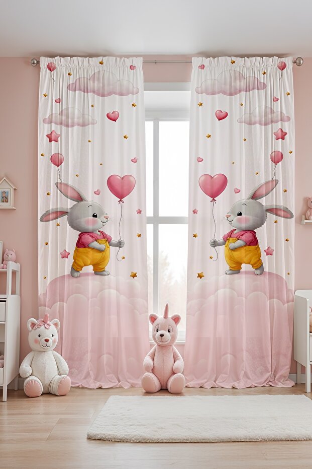 Heart Balloon Rabbit Patterned Children's Baby Room Background Curtain (Single Wing Pricing)