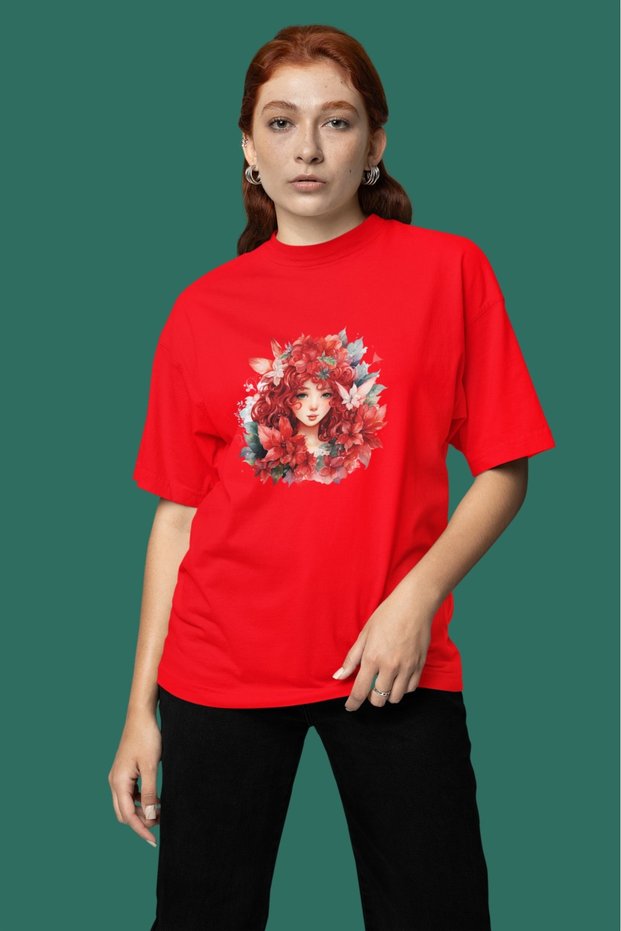 Girl/Women's Red Hair Girl Transfer Printed Round Neck Short Sleeve T-Shirt