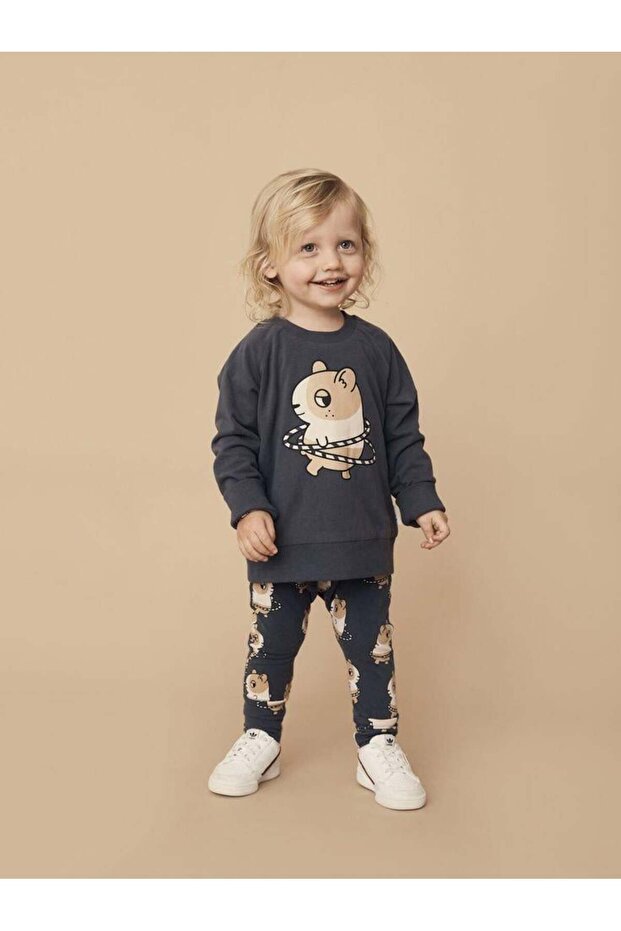Girl's Cotton Navy Blue Squirrel Printed Sweatshirt and Leggings Set