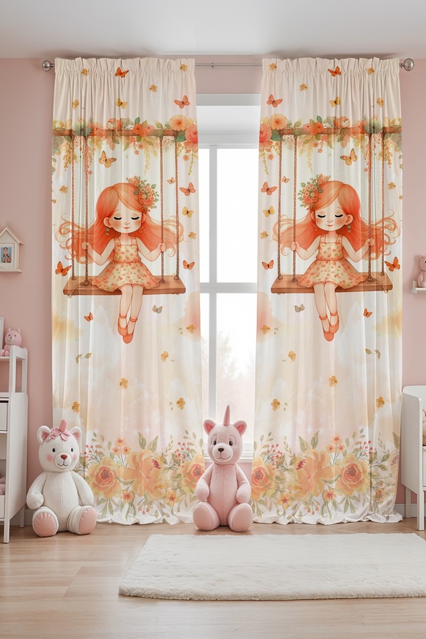 Sevimki Girl on the Swing Patterned Children's Baby Room Background Curtain (Single Wing Pricing)