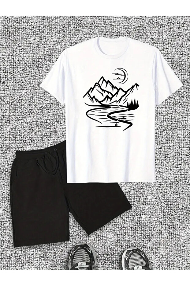 Mountain and Moon Pattern Short Sleeve T-Shirt and Shorts Casual Set for Men