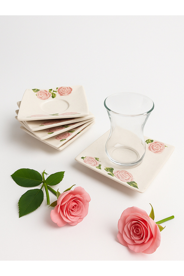 Set of 6 Tea Plates Rosita Rose Pattern – Handmade Ceramic Coasters, Pink Rose Motif