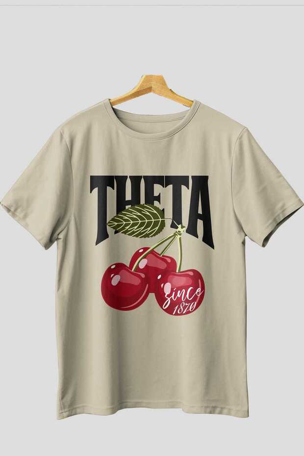 Theta Cherry Cherries Front Printed Beige Oversize T-Shirt Men Women Cotton Crew Neck Tshirt