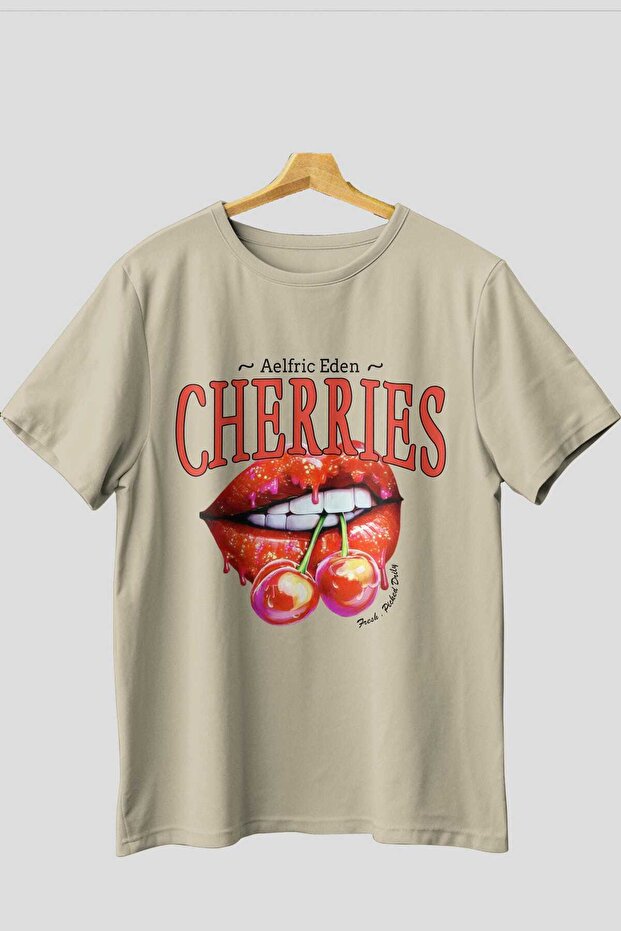 Cherry Cherries 3 Pre-Printed Beige Oversize T-Shirt Men Women Cotton Crew Neck T-Shirt