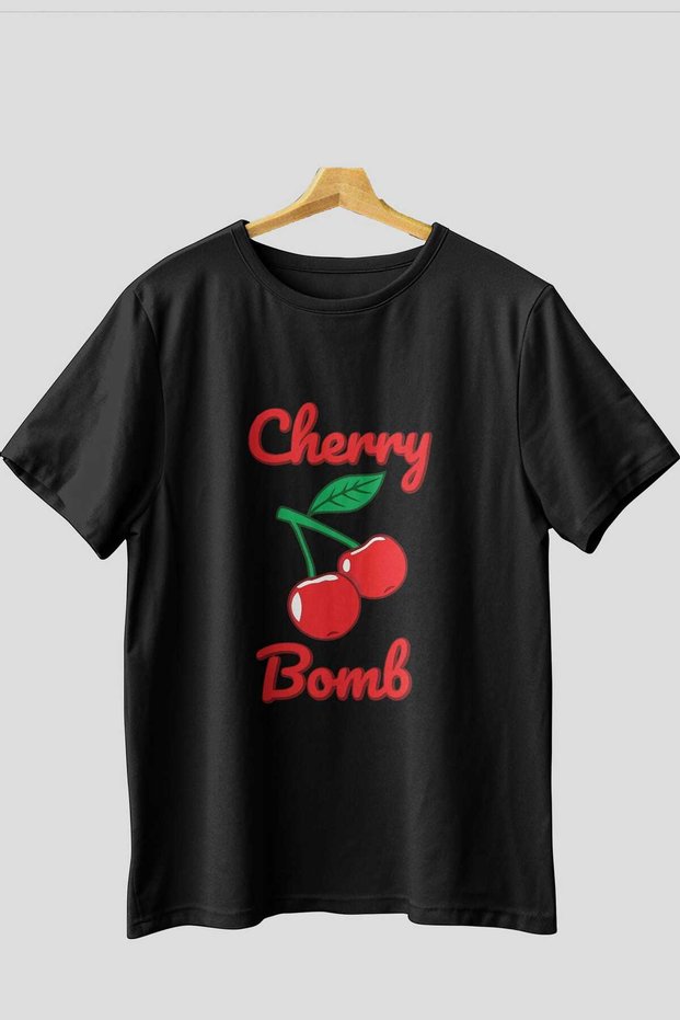 Cherry Bomb Cherries 1 Pre-Printed Black Oversize T-Shirt Men Women Cotton Crew Neck T-Shirt
