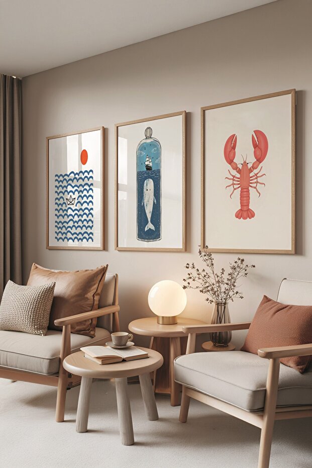 Ahşap Tablo Seti, 3 Adet Ahşap Çerçeveli Poster Sea Icons Model No:300831, Mavi Duvar Dekoru - 1