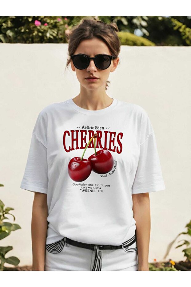 تي شيرت أبيض كبير الحجم مطبوع عليه شعار Cherry Cherries من الأمام للرجال والنساء، تي شيرت قطني برقبة دائرية