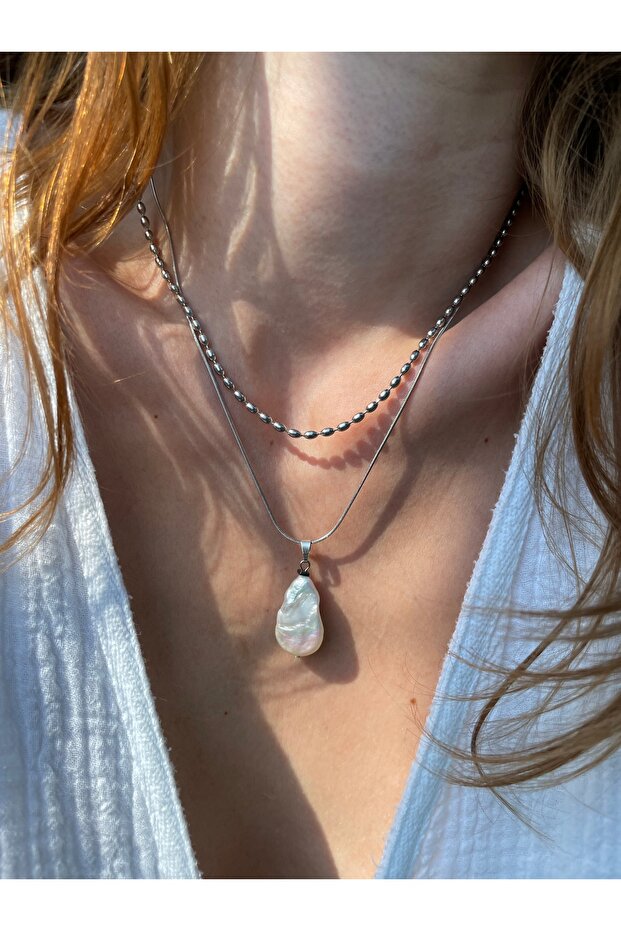 Gerçek İnci Uçlu Silver Çelik Kolye - 3