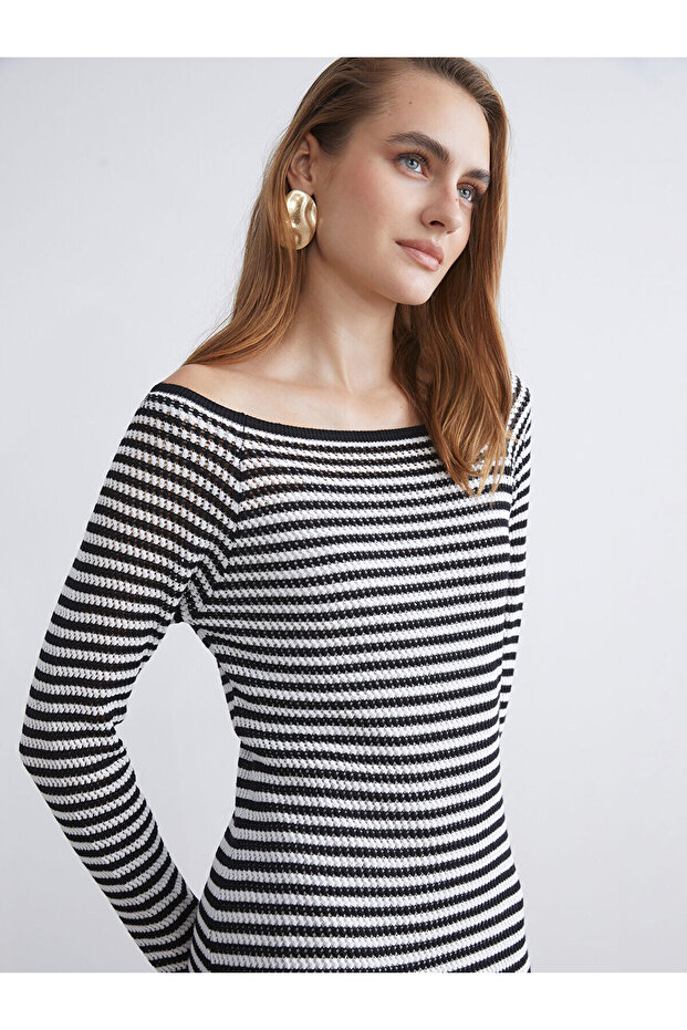 Boat Neck Openwork Knitwear Dress