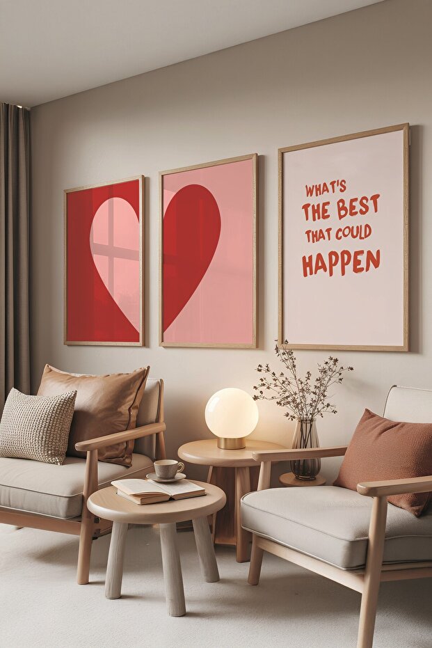 Ahşap Tablo Seti, 3 Adet Ahşap Çerçeveli Poster What's the Best Model No:300896, Kırmızı ve Pembe - 1