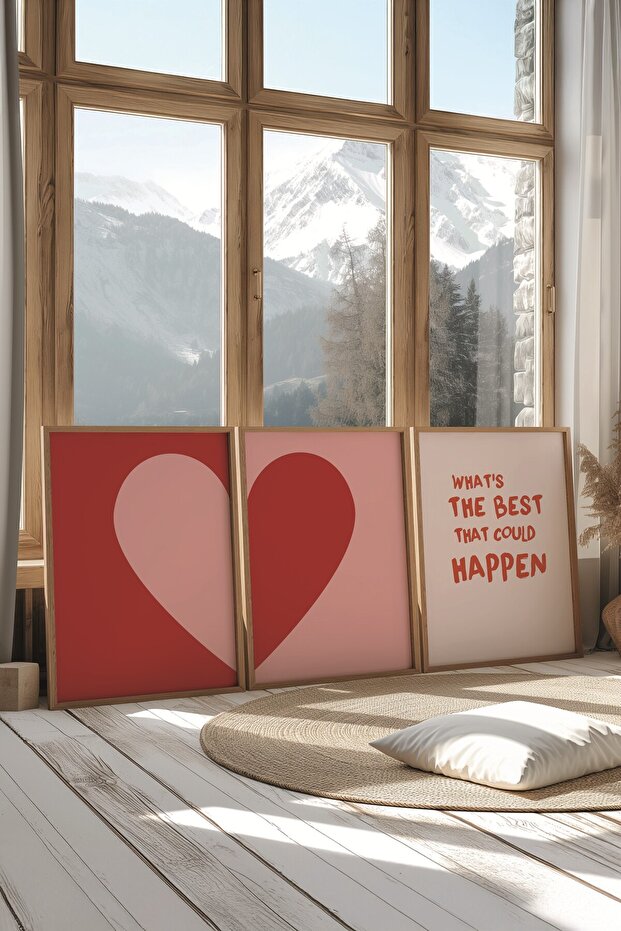 Ahşap Tablo Seti, 3 Adet Ahşap Çerçeveli Poster What's the Best Model No:300896, Kırmızı ve Pembe - 2