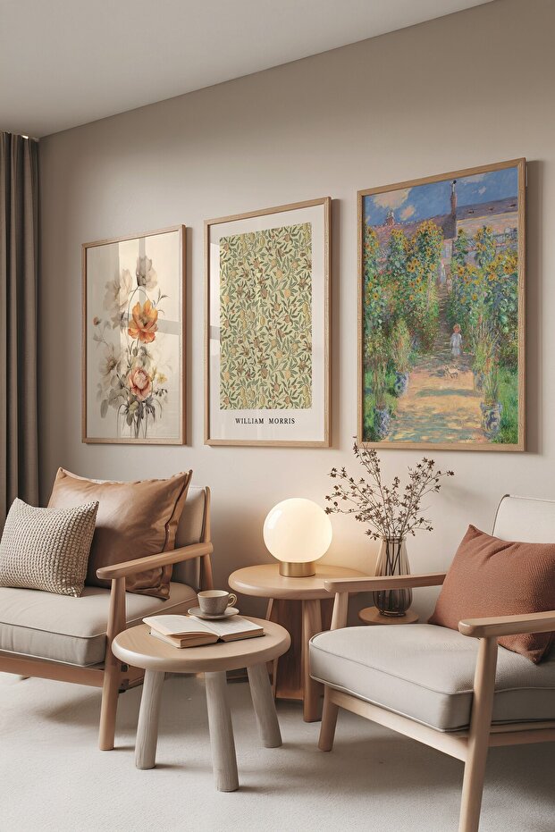 Ahşap Tablo Seti, 3 Adet Ahşap Çerçeveli Poster Monet-Morris Model No:300886, Renkli Duvar Dekoru - 1