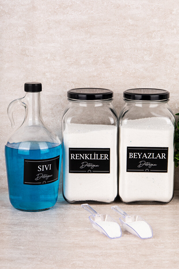 3-Piece Detergent Set Scale Colorful Whites Liquid Detergent Labeled 3000ml Glass Jar 1500ml Bottle