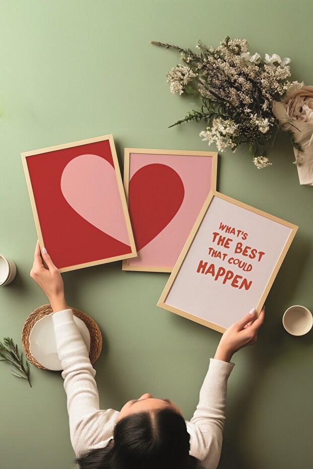 Ahşap Tablo Seti, 3 Adet Ahşap Çerçeveli Poster What's the Best Model No:300896, Kırmızı ve Pembe - 3