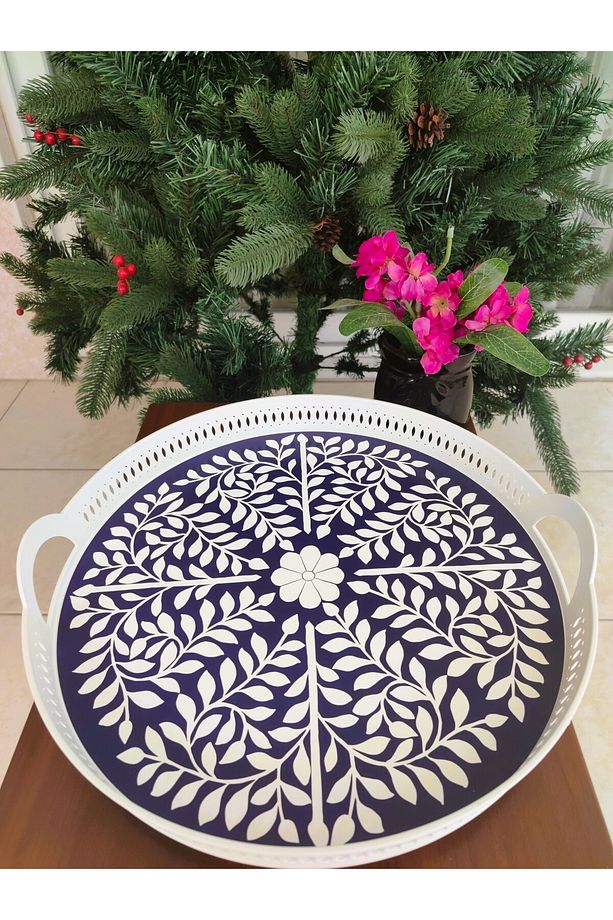 Delit 38 Cm Yuvarlak Örgü Tepsi - Lacivert - Beyaz - 3