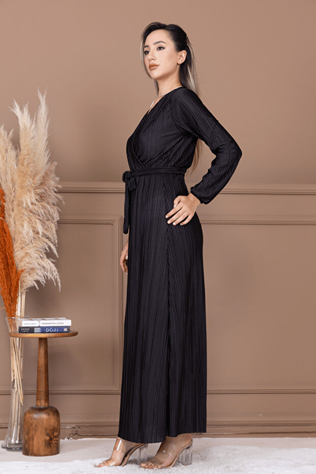 Rochie lungă cu pliuri și curea - NEGRU - 6