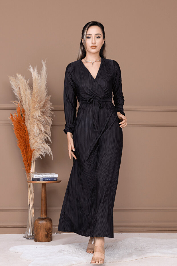 Rochie lungă cu pliuri și curea - NEGRU - 4
