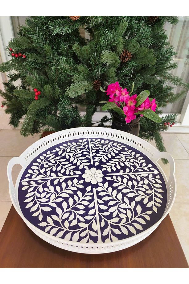 Delit 38 Cm Yuvarlak Örgü Tepsi - Lacivert - Beyaz - 5
