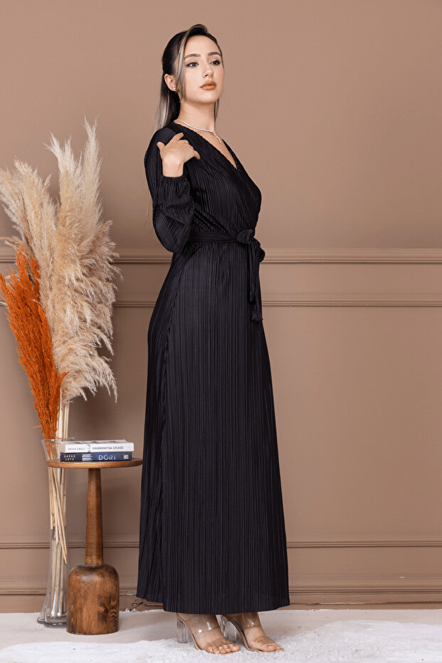 Rochie lungă cu pliuri și curea - NEGRU - 5