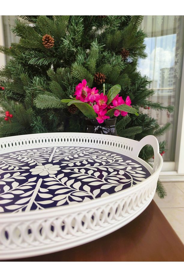 Delit 38 Cm Yuvarlak Örgü Tepsi - Lacivert - Beyaz - 6