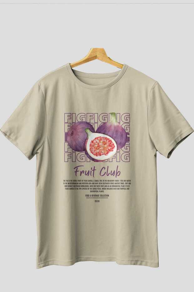 Fig Front Printed Beige Oversize T-Shirt Men Women Cotton Crew Neck T-Shirt