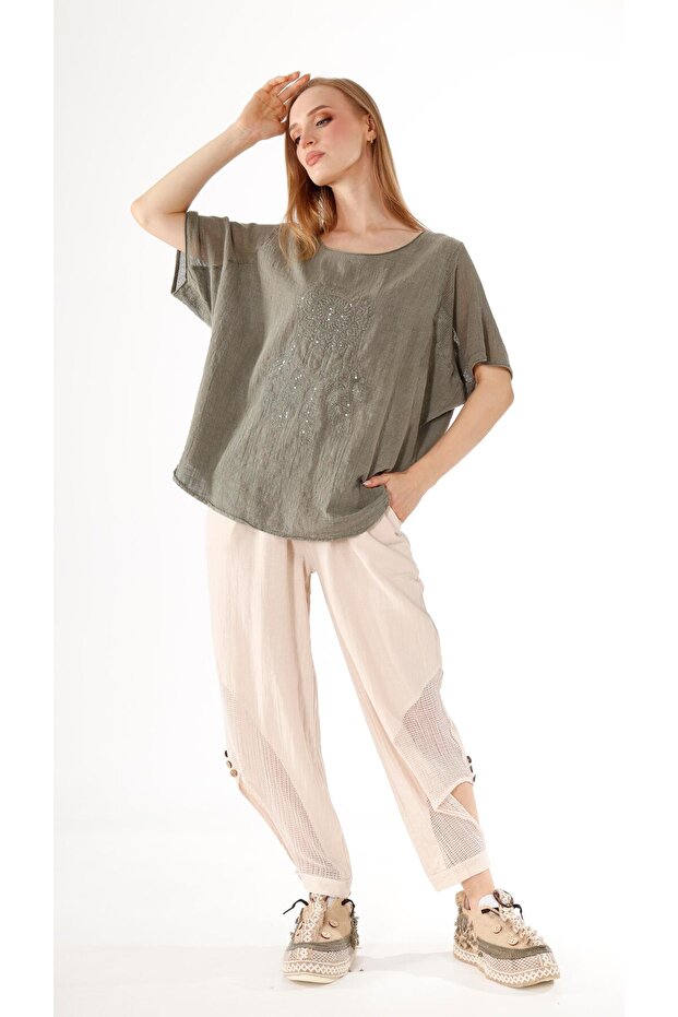 Payetli Nakışlı Keten Bluz - 6
