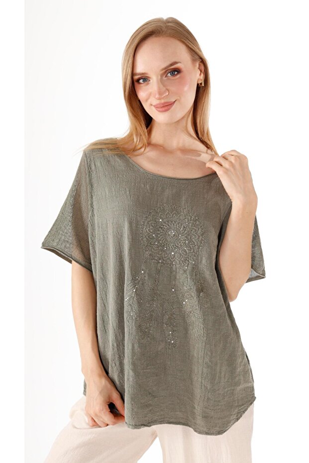 Payetli Nakışlı Keten Bluz - 1