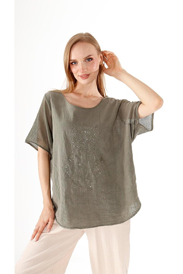 Payetli Nakışlı Keten Bluz - 7