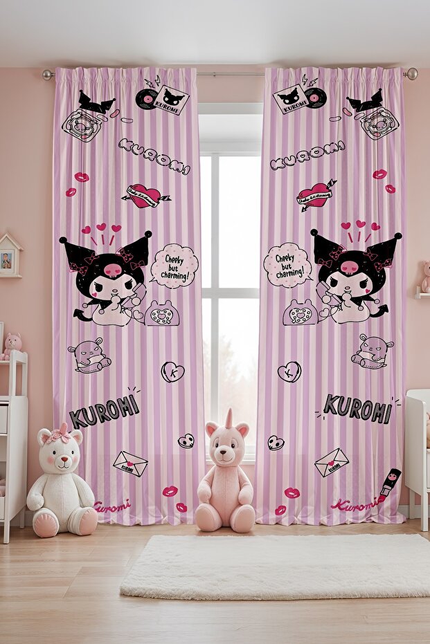 Lilac Striped Kuromi Patterned Children's Baby Room Background Curtain (Single Wing Pricing)