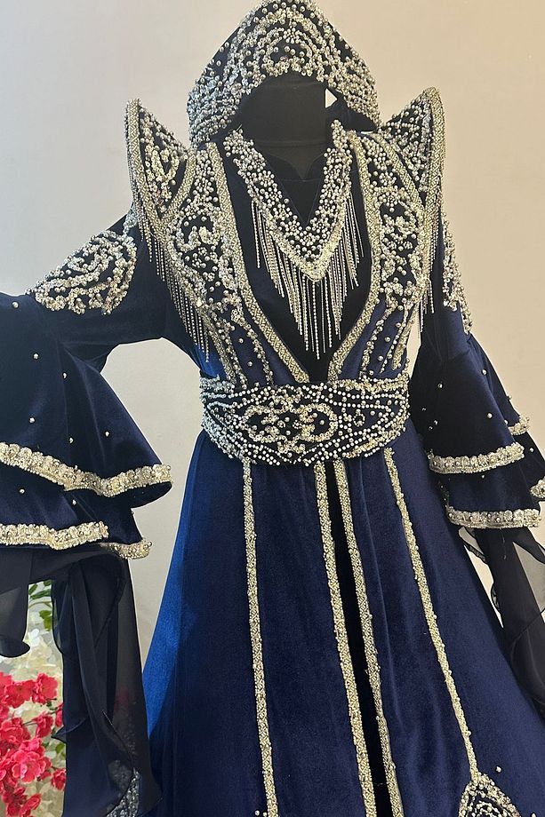 Tesettür Bindallı Kaftan Kadife Gelin Kına Gecesi Elbisesi Bindallı Tacı, Kemer, Kolye, Tarlatan Set - 7