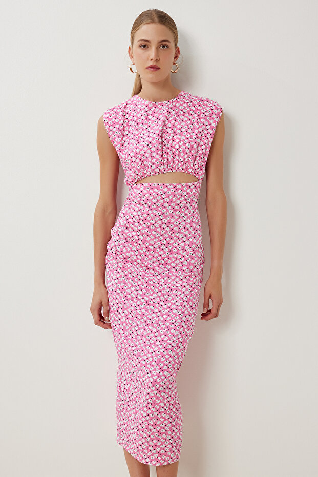 Patterned Cut Out Detailed Viscose Dress Ldp0073 Pink White