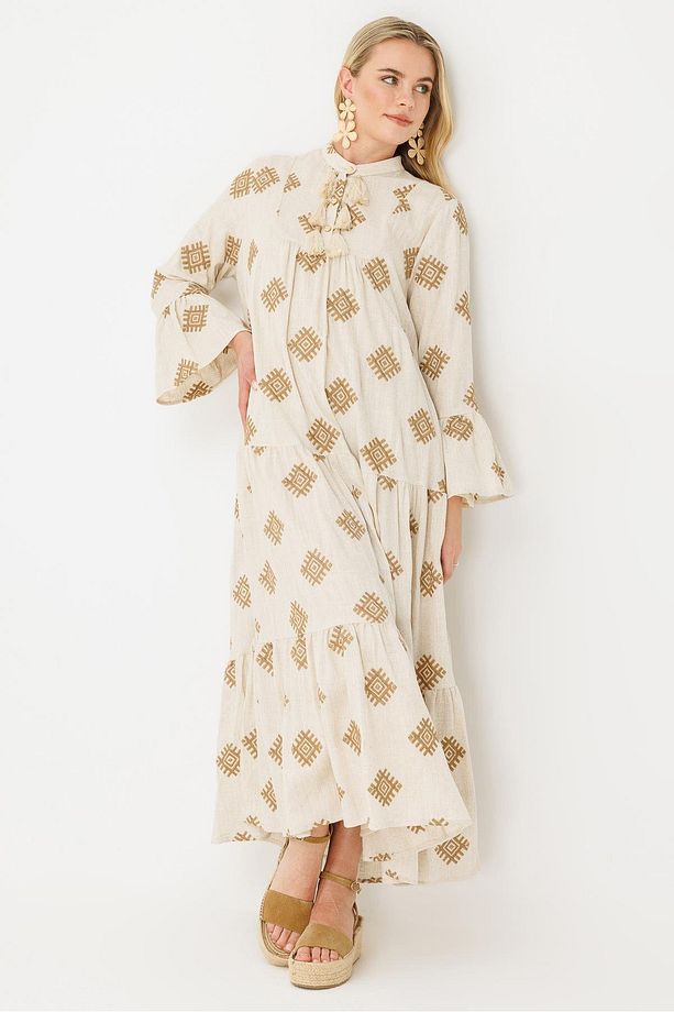 Nakış İşlemeli Keten Elbise CAMEL - 5