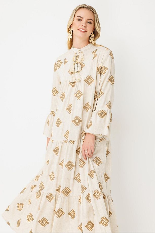 Nakış İşlemeli Keten Elbise CAMEL - 3