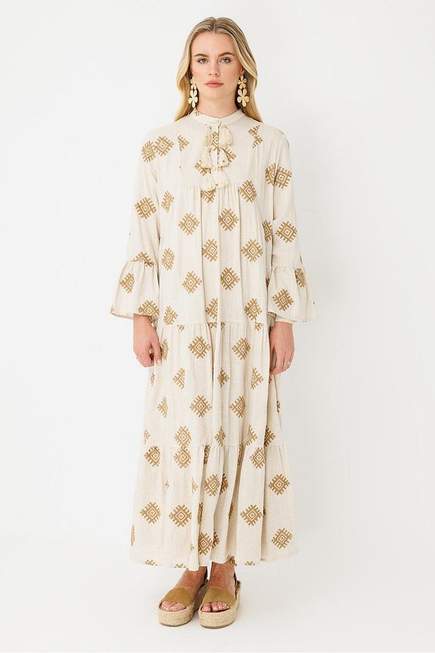 Nakış İşlemeli Keten Elbise CAMEL - 2