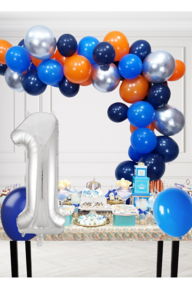 1 Year Old Cosmic Themed Birthday Set Cosmic Blue Orange Silver Blue Balloons Silver Foil Number