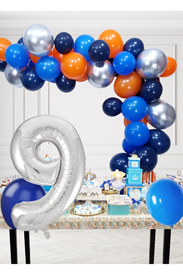 9 Year Old Cosmic Themed Birthday Set Cosmic Blue Orange Silver Blue Balloons Silver Foil Number