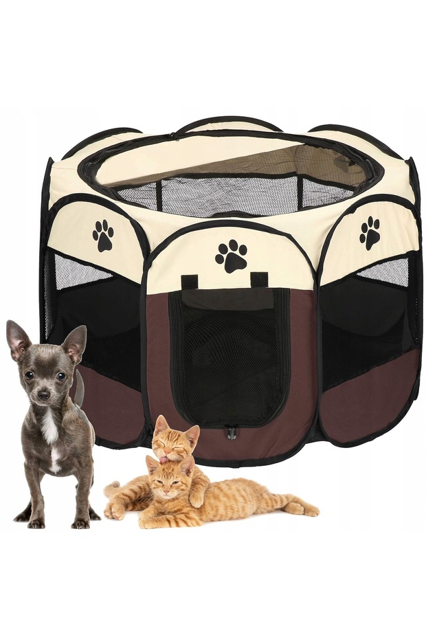 Foldable pet playpen, diameter 81cm, beige brown - 1