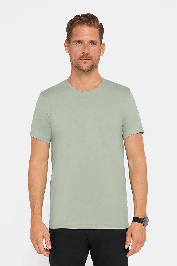 Erkek Slim Fit Dar Kesim Pamuklu Yumuşak Doku Likralı Esnek Kumaş Yeşil Bisiklet Yaka Tişört - 4