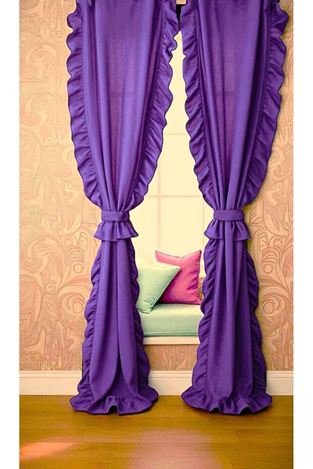 Double Sided Ruffle Purple Vintage Cotton Linen Curtain (Width X Length) - Single Panel - No Pleats